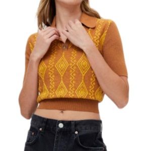 Urban Outfitters UO Bryce Jacquard Polo Sweater Cropped Gold yellow Size S